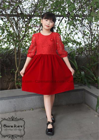 Đầm ren đỏ phối chân váy nhung